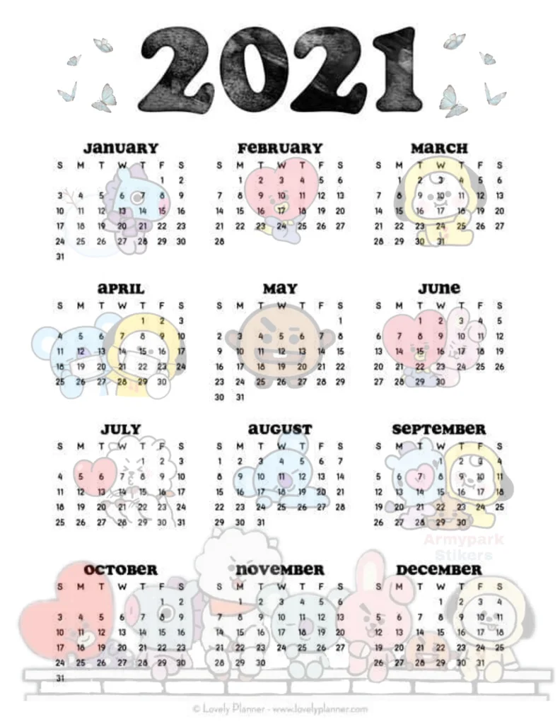 #bt21 #2021 #calendar #bts #tata #chimmy #koya #cooky #shooky #rj #mang 