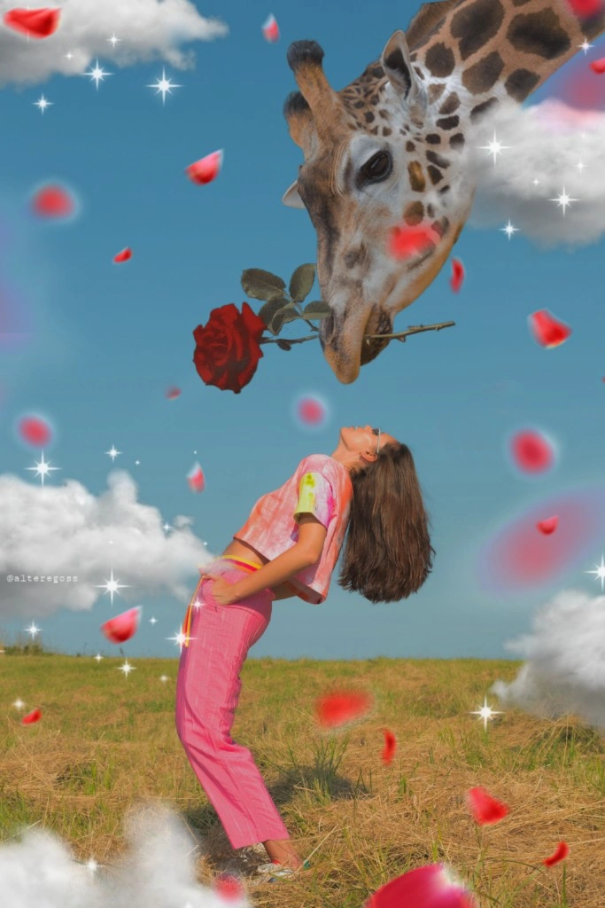 #giraffe #giving #rose to a #beautiful #woman #surrounded by #floatingflowers #blureffect