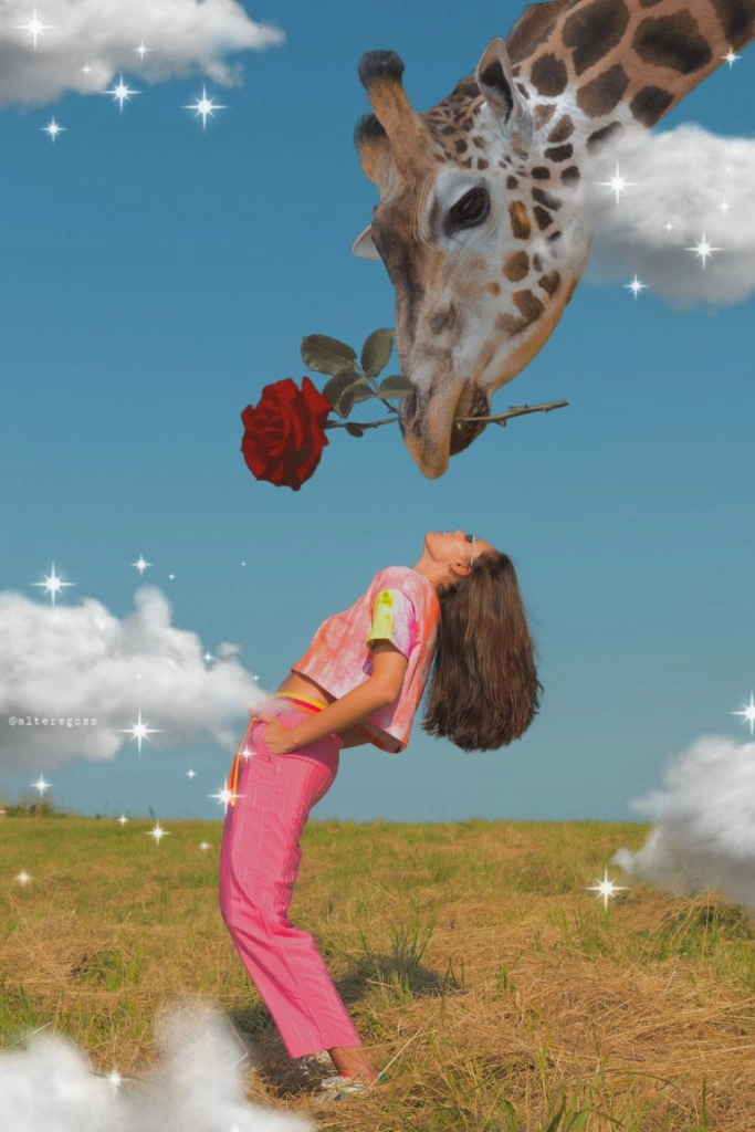 #giraffe #giving #rose to a #beautiful #woman #surrounded by #floatingflowers #blureffect