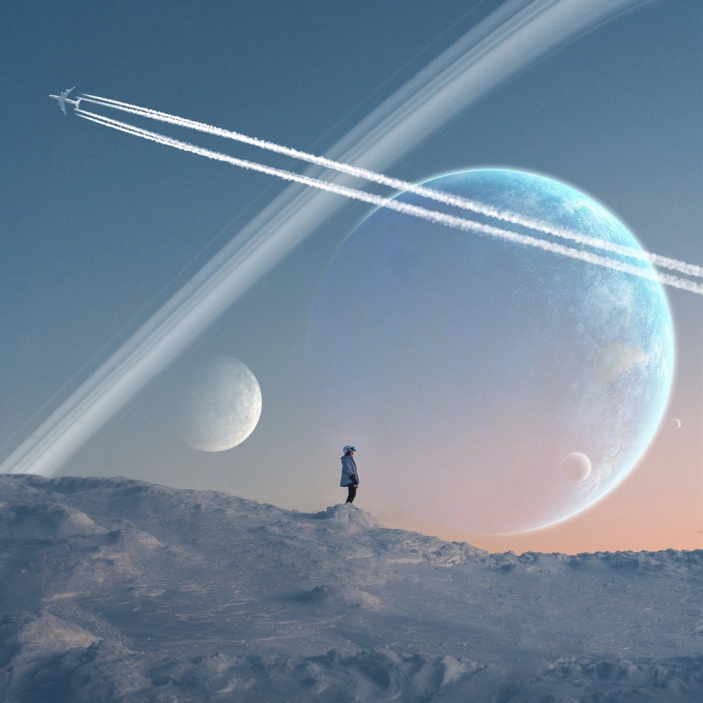 ***Please don’t just make a copy of my edit.***
***Don’t forget to like it ❤️***

Imagine if the Earth had rings like Saturn and some planets and their moons were closer to the Earth. What kind of sight would that be? Maybe like this?

#sunset #woman #girl #planet #moon #planetrings #winter #hill #plane #airplane #contrails #mountain #simple #replay #myreplay #surreal #surrealism #fantasy #imagination #orient_arts #madewithpicsart #heypicsart #papicks #editbyme #masterstoryteller #picsart @picsart